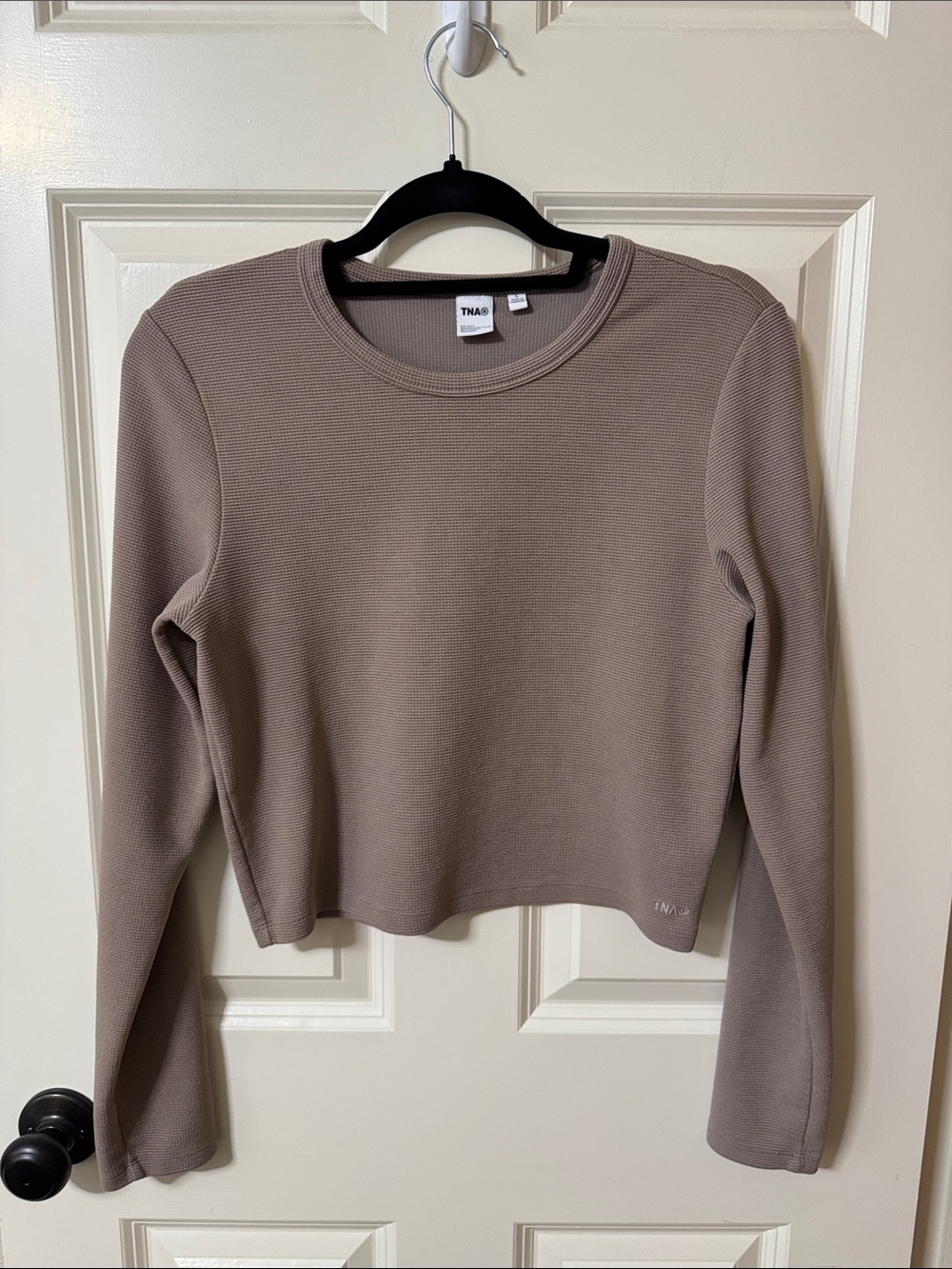 TNA Cropped Long Sleeve Crewneck Top in Taupe